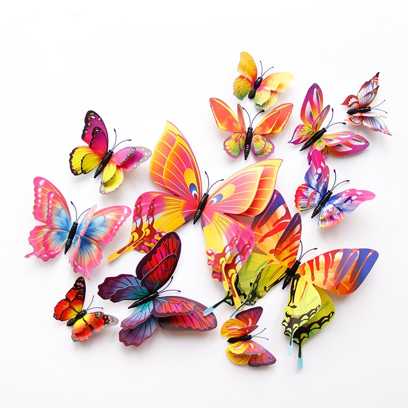 12 Piece 3D PVC Wall Stickers Magnet Double-Layer Butterfly Decor, Simulation Stereo Wall Sticker DIY Home Decor Poster Bar Bathroom Kitchen